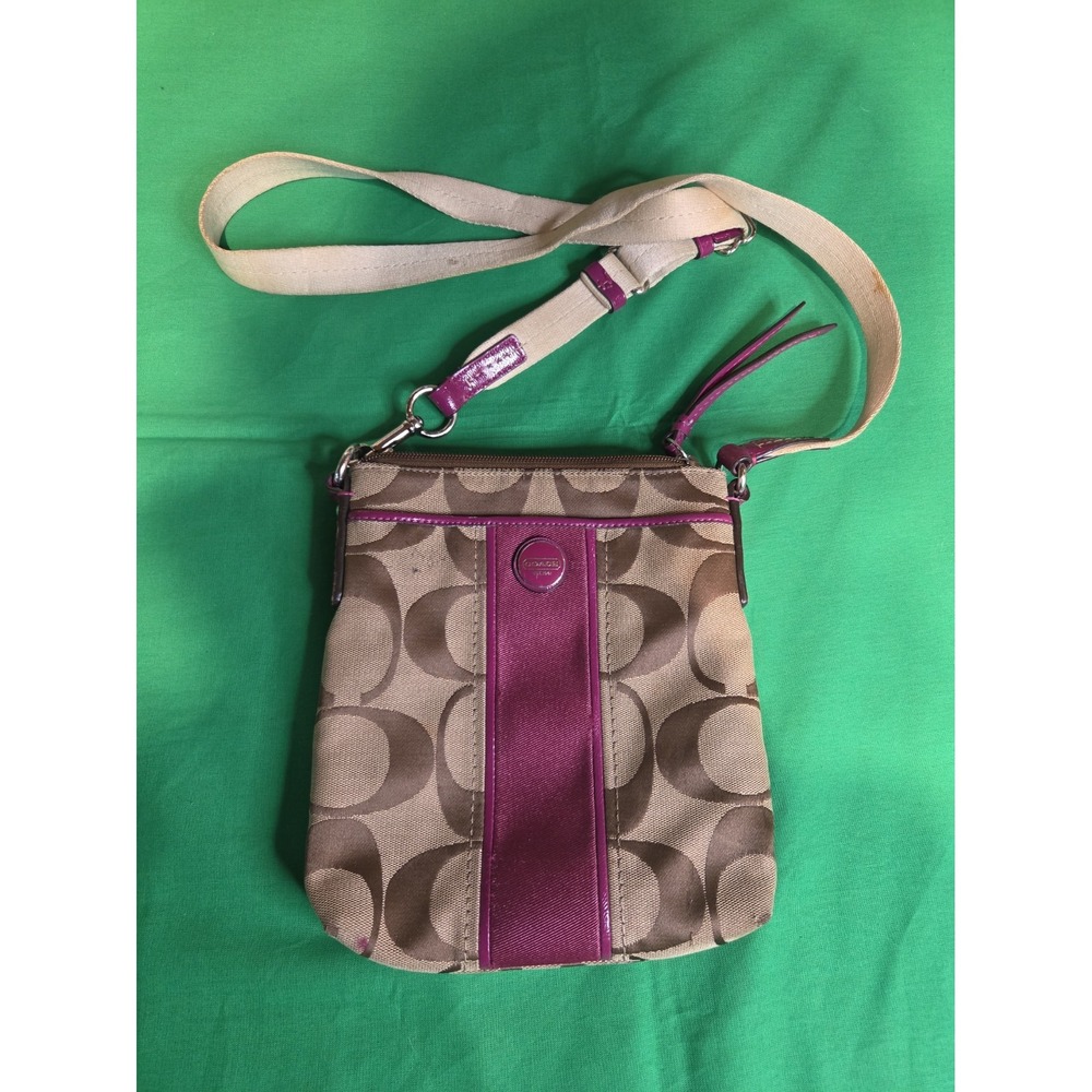 Coach Signature Khaki/Pink Stripe Zip Crossbody Bag Detachable Strap